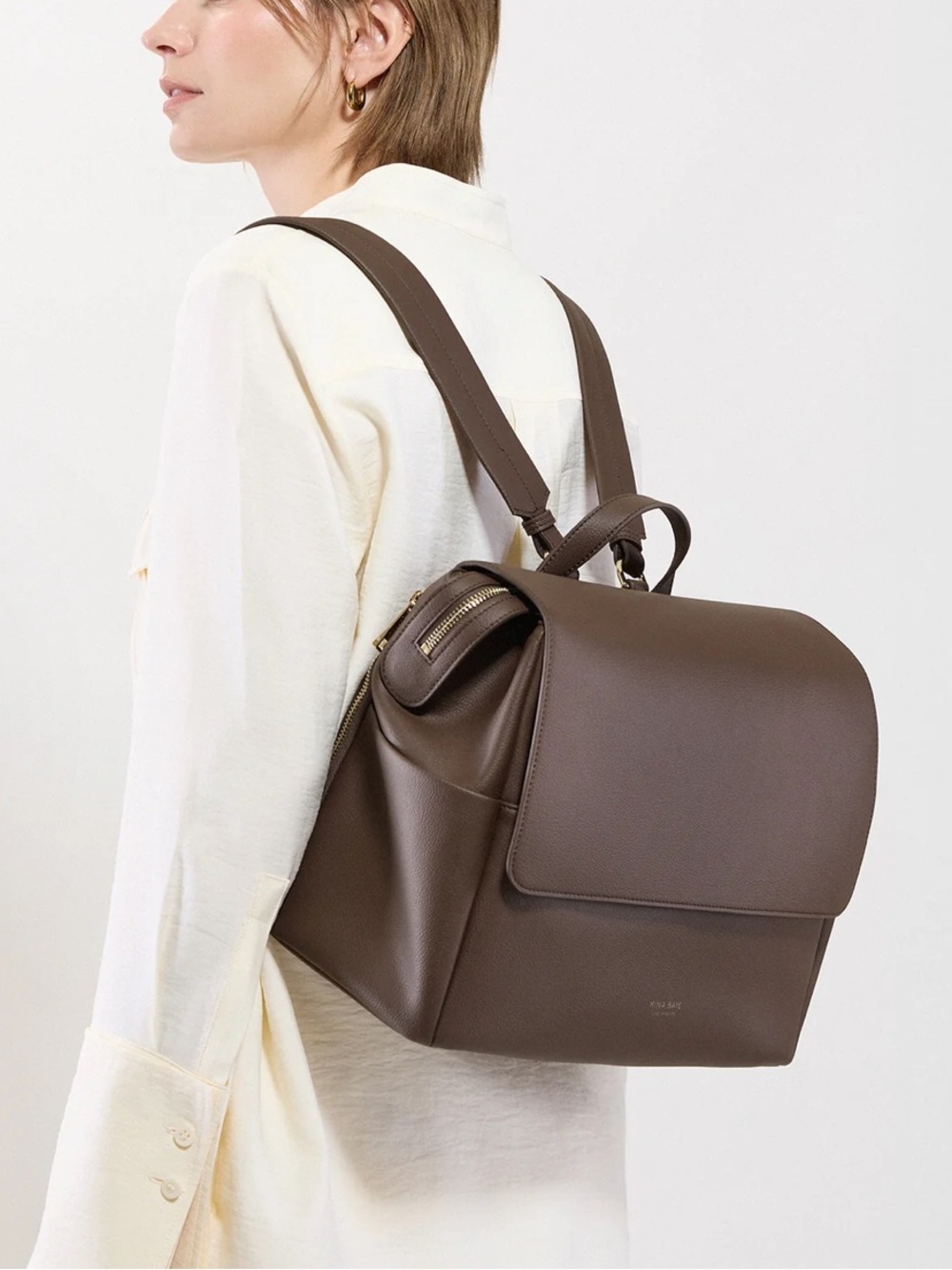 Mina Baie Winnie Backpack Vegan Leather Midi Coco Brown & Stroller Hooks EUC - Picture 10 of 10